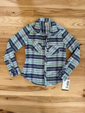 Stio Womens Flannel Shirt Wind River Blue Stripe